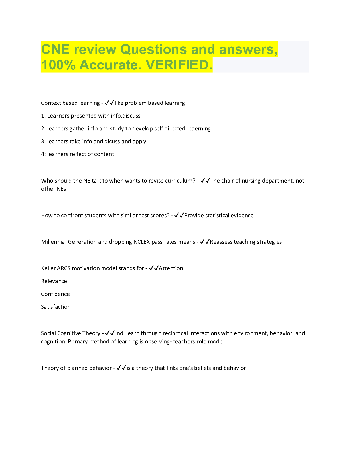 Preview image for CNE review Questions and answers,  100% Accurate. VERIFIED